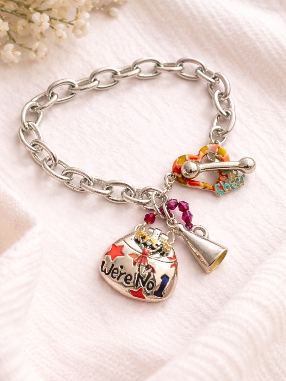 Y2K Silver-Tone Cheerleader Charm Megaphone Toggle Bracelet - Pink & Red Accents